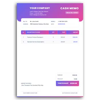 Colourful Cash Memo Format Editable Download